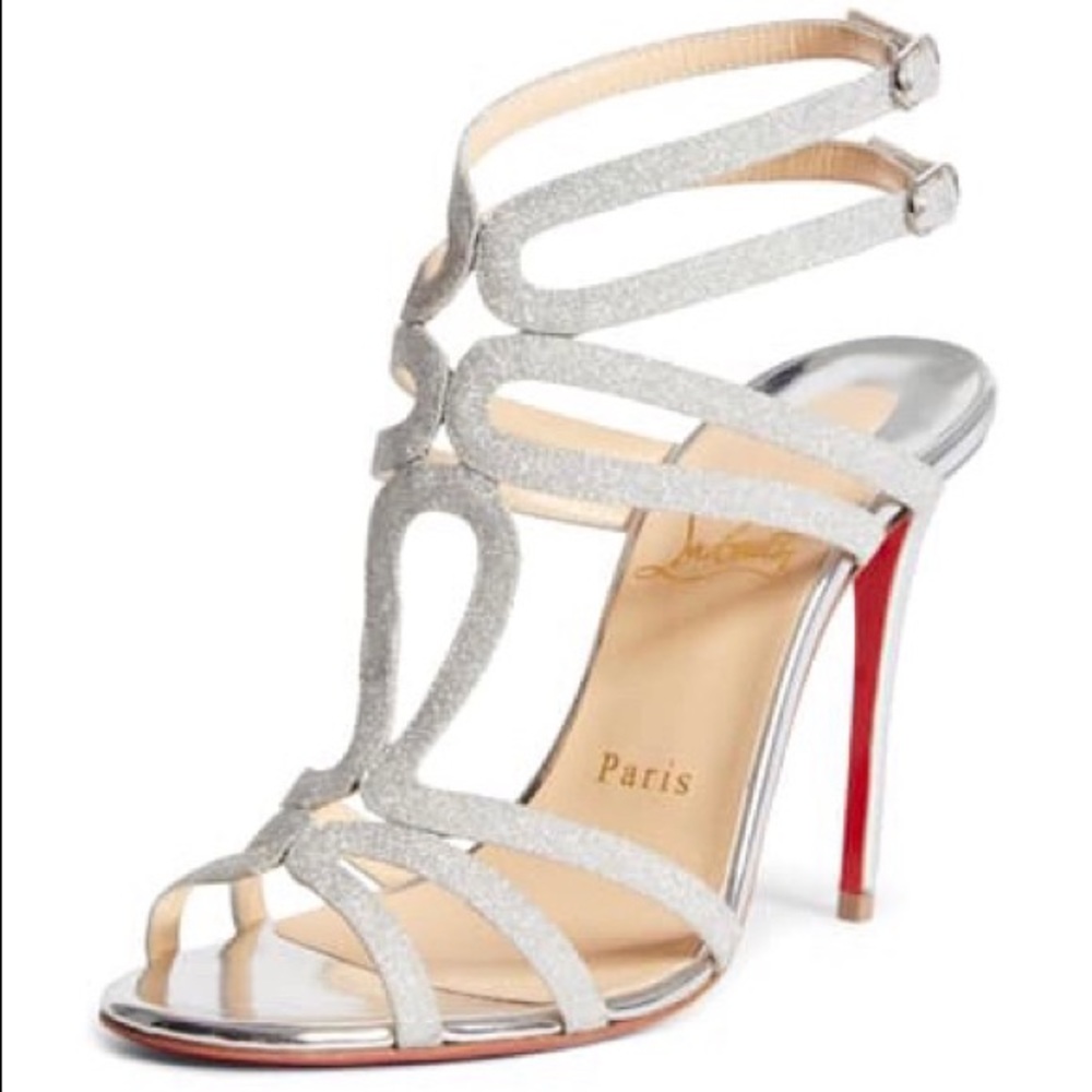 NEW Louboutin Renee 100 Silver Sparkle Glitter Heel Sandal